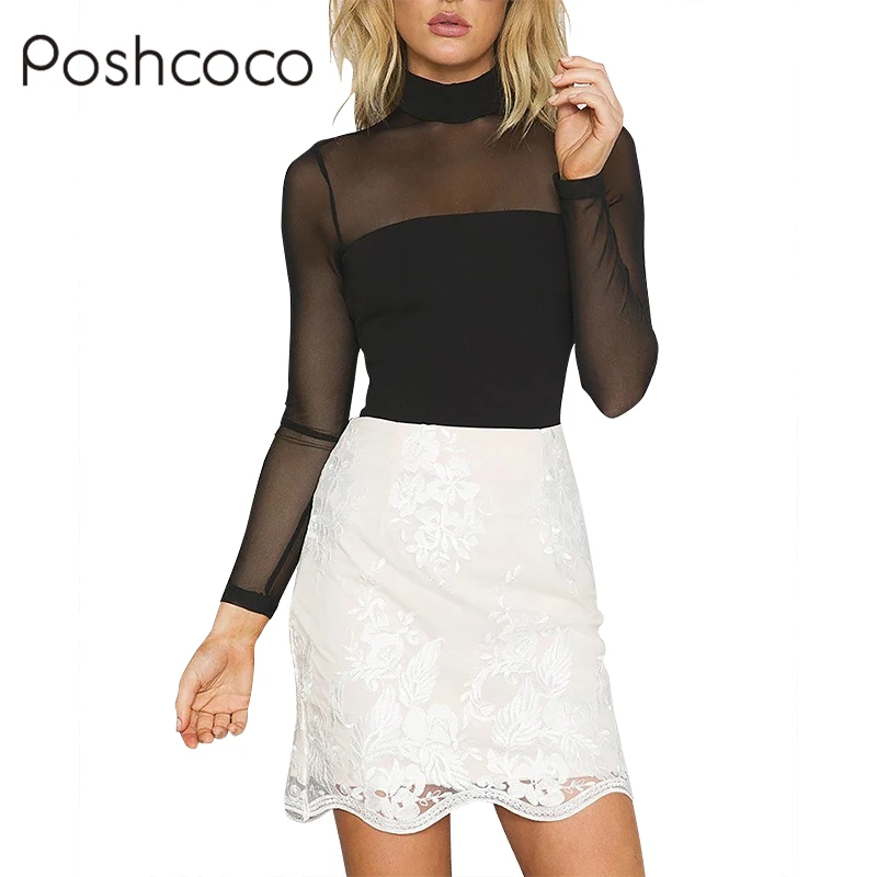 Poshcoco Sexy Perspective Mesh Patchwork Half Turtlenecks Women