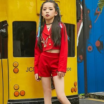 

Girls Catwalk Model Show Red Fashion Suit Kids Jazz Dance Costumes Girls Hip Hop Dance Competitions Performance Clothes DQL335