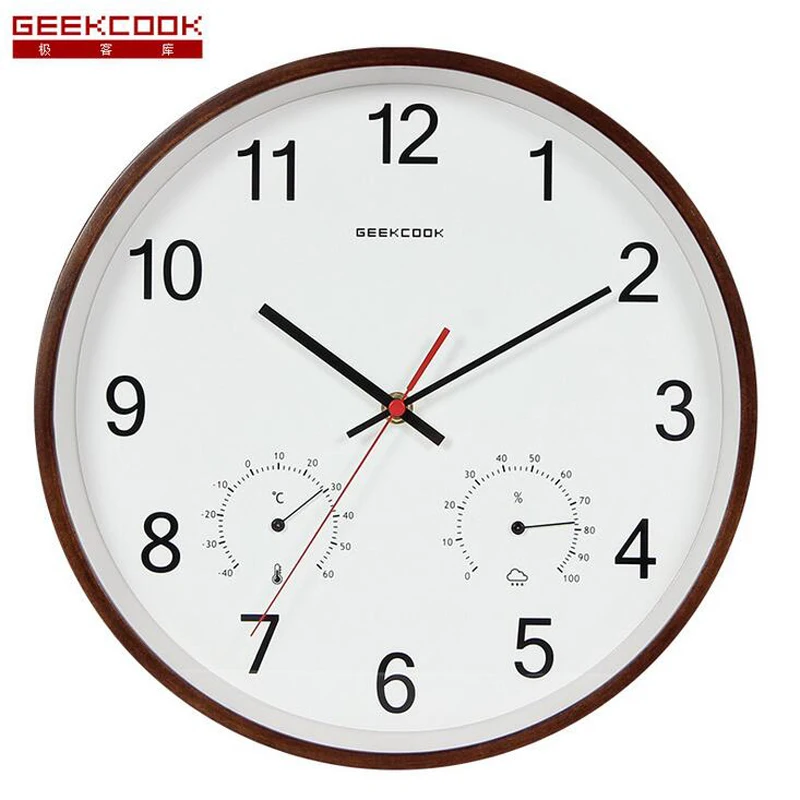 

12 inch Classic Wooden Wall Clocks Silent Quartz Watch with Thermometer Hygrometer Humidity Non Ticking for Living Room Office