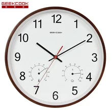 12 inch Classic Wooden Wall Clocks Silent Quartz Watch with Thermometer Hygrometer Humidity Non Ticking for Living Room Office
