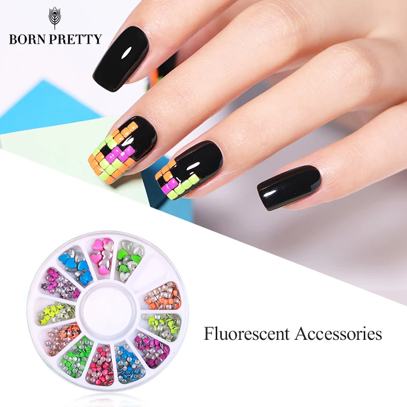 

BORN PRETTY 1 Box Fluorescence Nail Rivet Studs Heart Star Mixed Size 3D Nail Decoration in Wheel