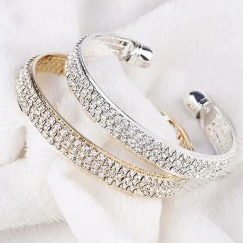 

Sparkling Silver Gold Color Crystal Bracelets For Women 3 Rows Rhinestone Stretchy Bracelets Bangles Female Wedding Prom Jewelry