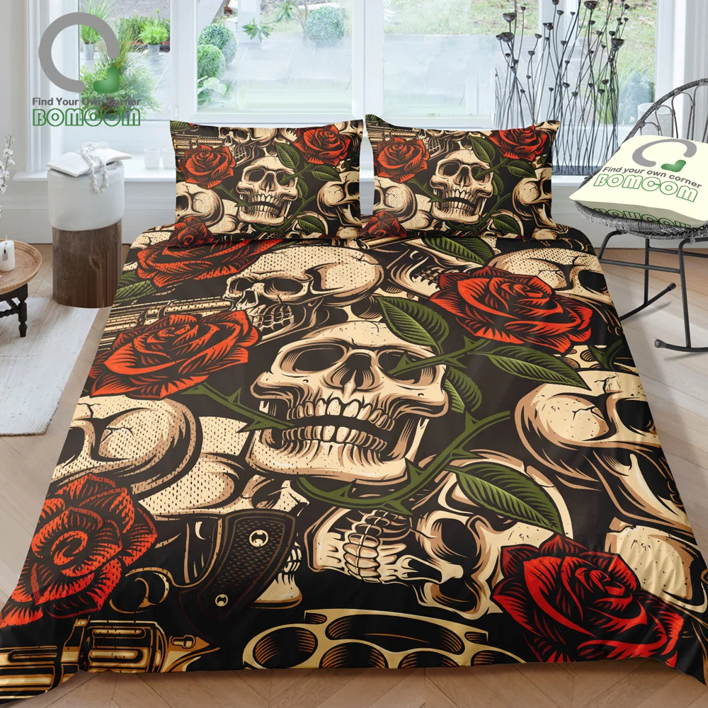 

BOMCOM 3D Digital Printing Skull Bedding Horror Skulls with Guns and Roses Retro Skull Duvet Cover S 100% Microfiber