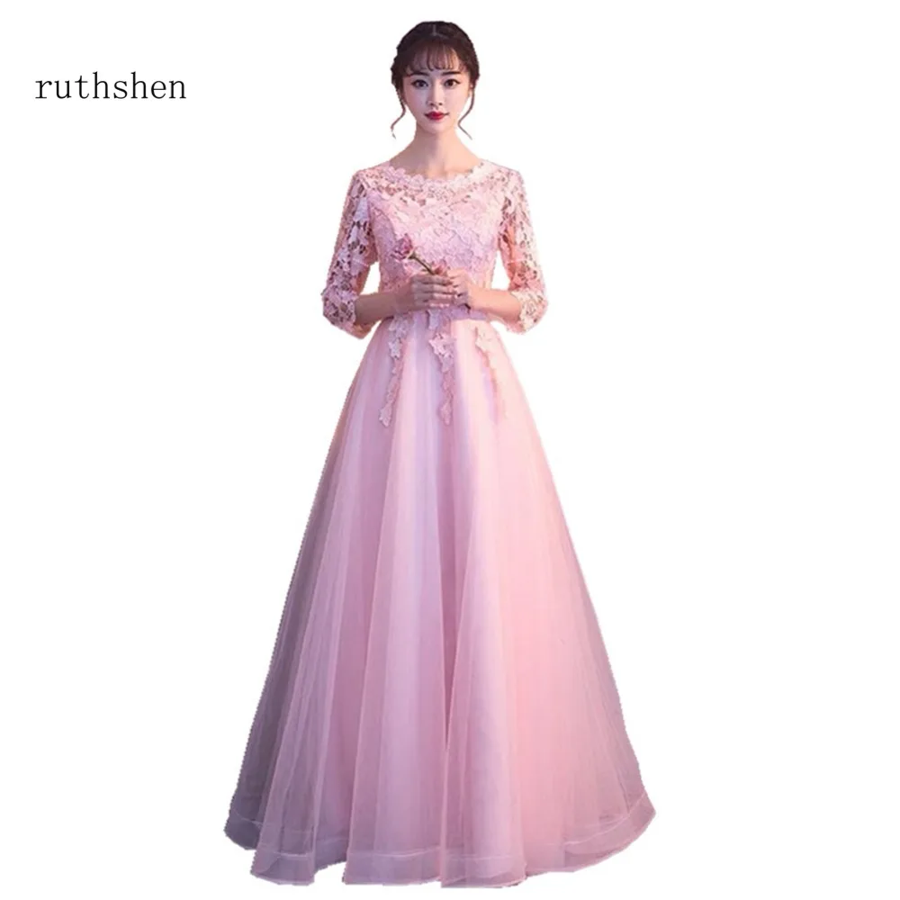

ruthshen Charming Long Pink Prom Dresses 2018 Luxury Formal Floor Length A Line Gowns For Teens Party With 3/4 Sleeves Vestido
