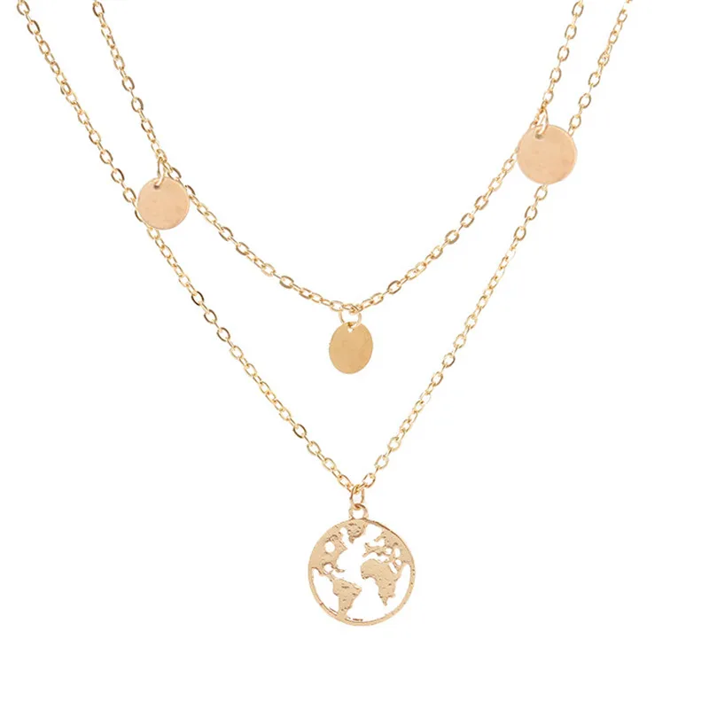 

2 Layers Chain Necklace Gold World Map Pendant Choker Design Silver Adjustable Size Jewelry Fashion Spring Gift New Year
