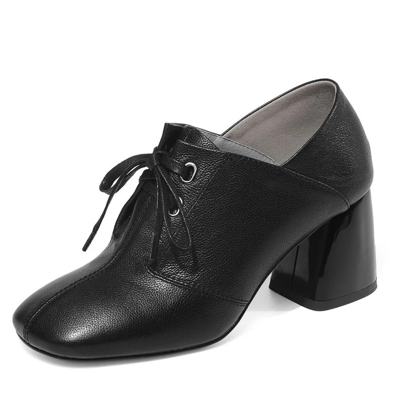

Simple luxury brand first layer leather spring autumn deep mouth ladies single shoes leather lace comfortable high heels women