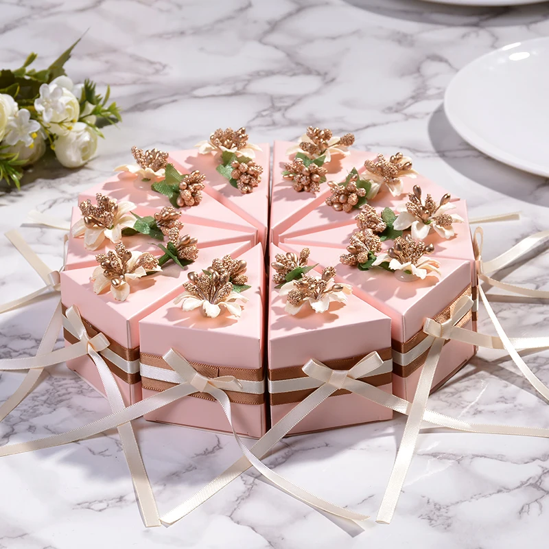 

1Pcs wedding candy box pink cake-shaped gift boxes 10x6x5.5cm with ribbons flower for packaging box Wedding party decoration