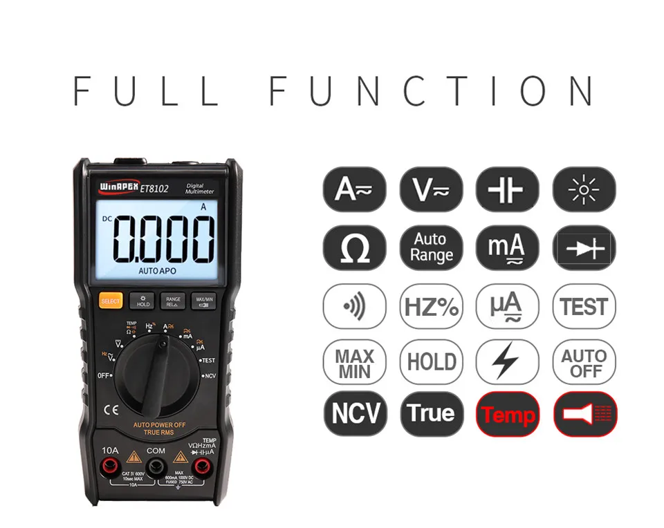 Цифровой мультиметр WinAPEX ET8102 6000 отсчетов истинного RMS фонарик цифровой вольтметр 1000 в 10 А амперметр переменного/постоянного тока Карманный мультиметр