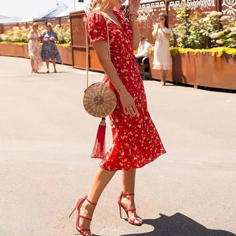 

Women Slim Short Sleeve Holiday Vacation Wear Wrap V Neck Cross Waist Twill floral/cherry Print Fashion Ladies Dress #25