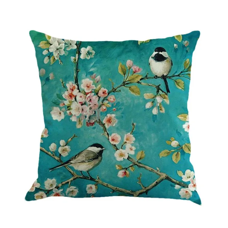 

European Garden Blue Painting Flower And Bird Cherry Printing Linen Decorative Throw Pillow Cushion For Office Chair