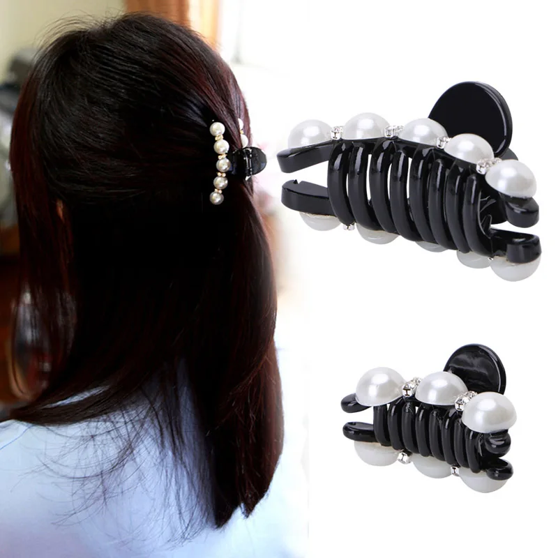 1PC Elegant Black Hair Claw Hairs Clips Fake Pearls Plastic Hairpin