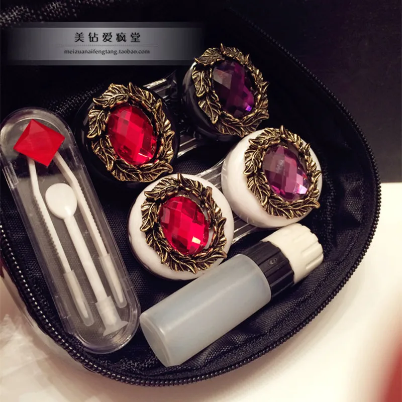 

LIUSVENTINA Gift For Girls DIY Alloy Cute Retro Olive Leaf Gemstone Combo Contact Lens Case Bag Container for Color Lenses