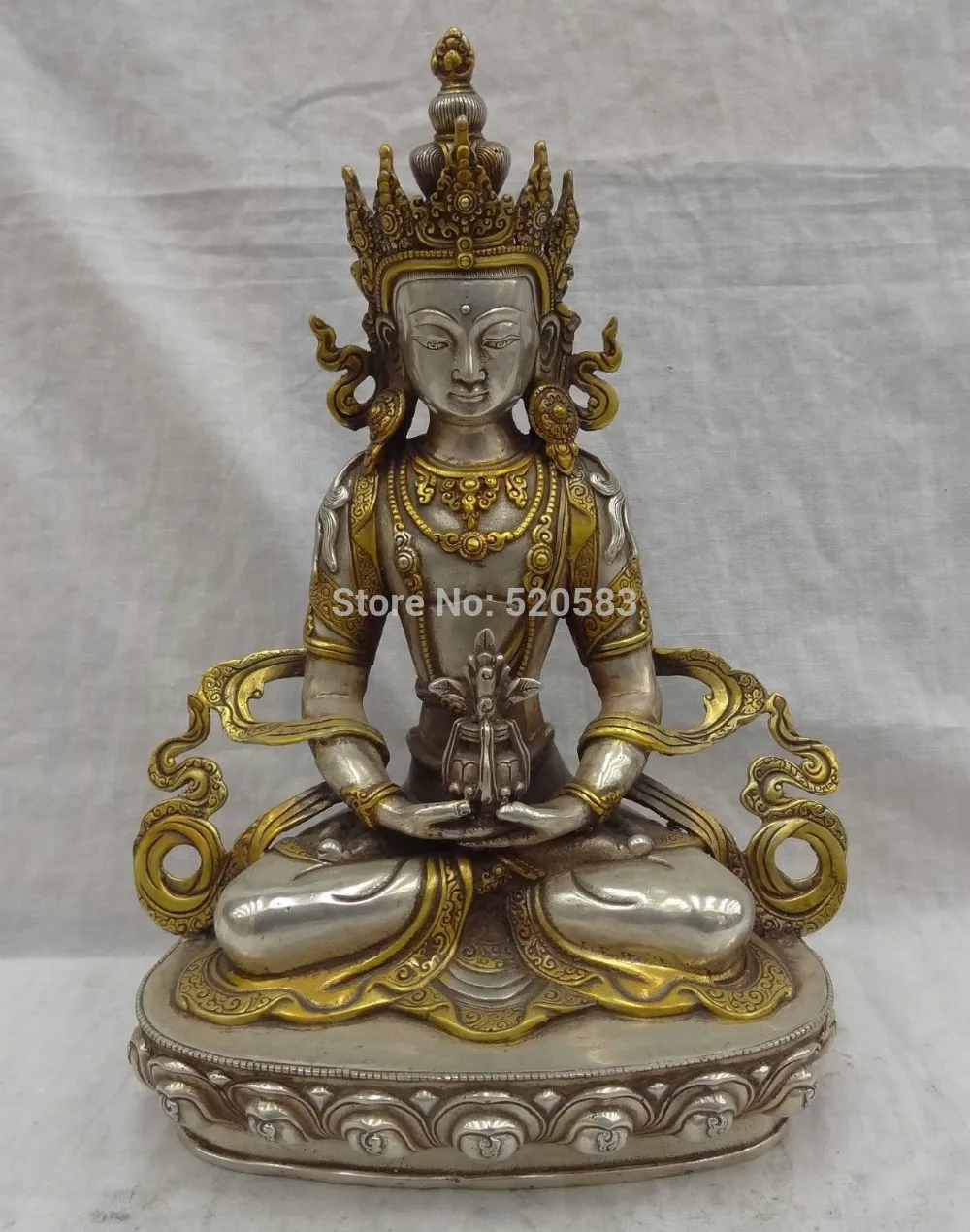 

free 12" Tibet Silver Gilt Bronze Amitayus Buddha Statue fast