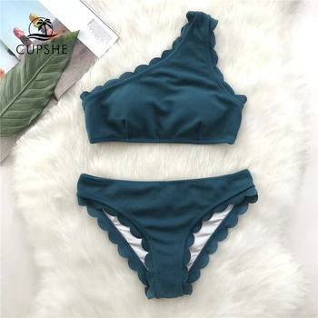 

CUPSHE Solid Teal Tank Bikini Sets Women Wavy Edge One Shoulder Plain Swimwear 2020 Summer Sexy Girl Beach Slim Swimsuits