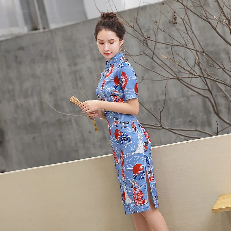 Модные Элегантные китайских женщин весенняя одежда cheongsam эластичный короткий стиль синий qipao Ретро праздничное платье