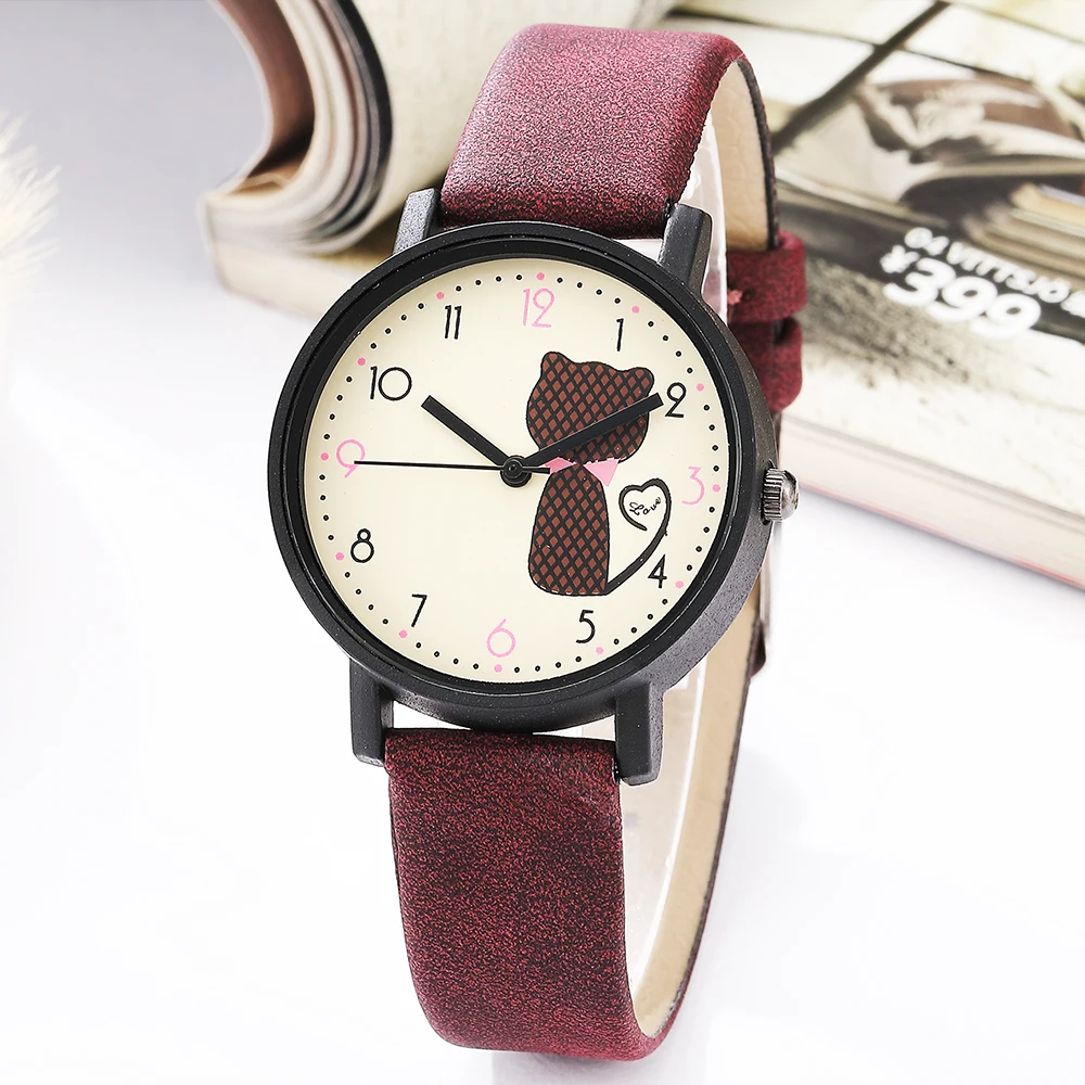 Goedkoop Matte Lederen Polshorloge Vrouwen Classy Lederen Dames Horloges Luxe Kleine Kat Meisjes vrouwen Klok Mujer Montre Feminino