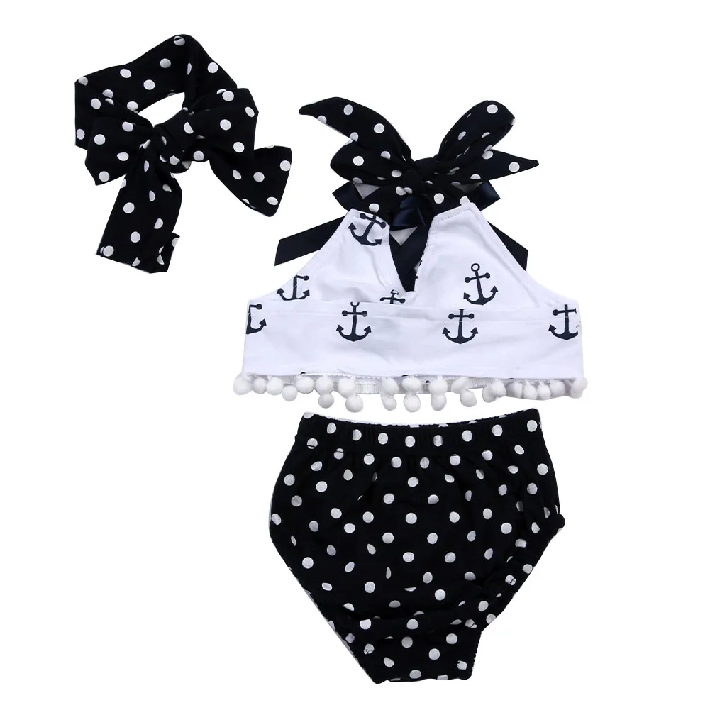 

3pcs Baby Girl Clothes Set Anchor Romper Sleeveless Halter Jumpsuit Outfits with Dot Brief Headband Sunsuit 0-24M