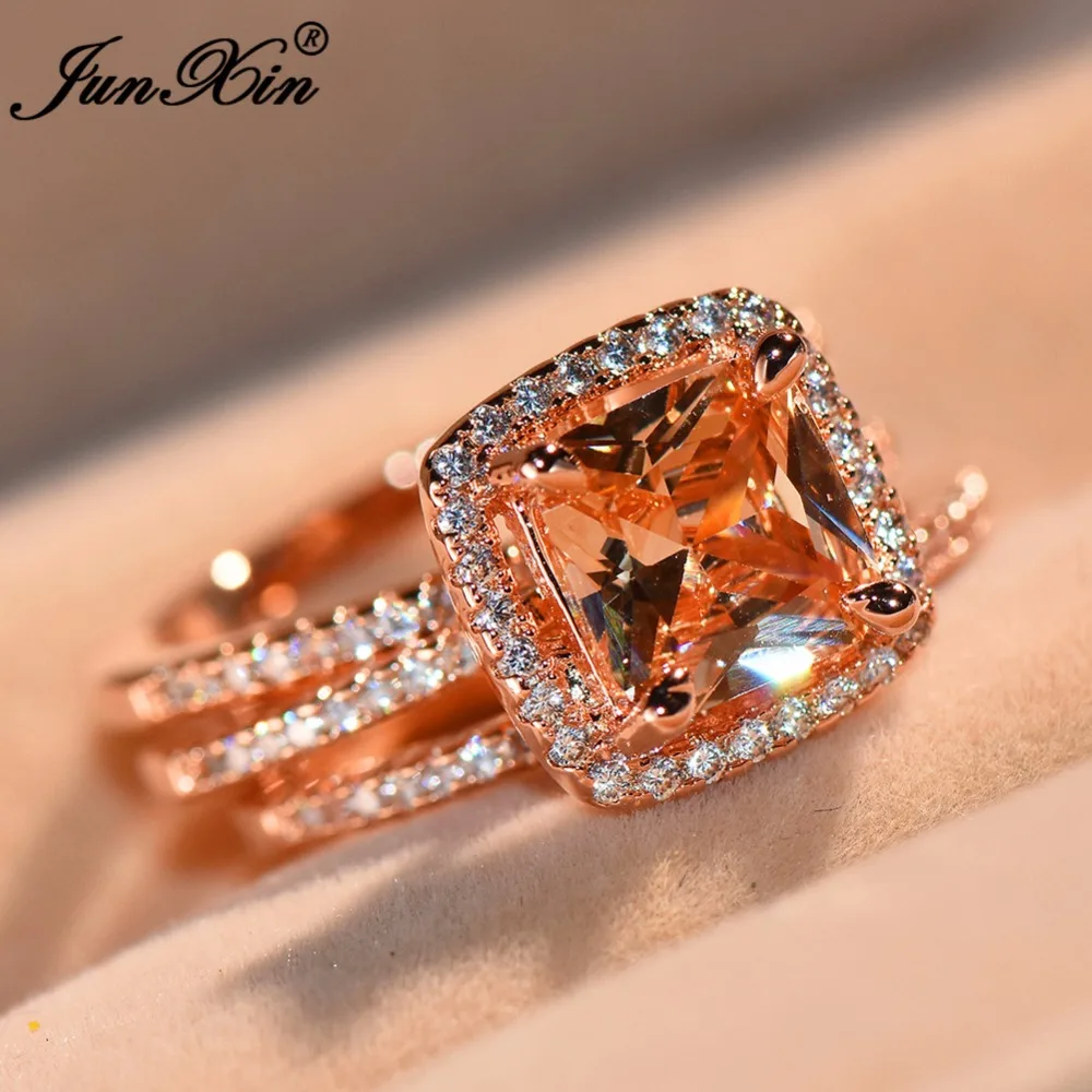 

JUNXIN Cute Female Wedding Ring Set Luxury Big CZ Stone Ring Fashion Rose Gold Filled Jewelry Promise Engagement Rings For Women