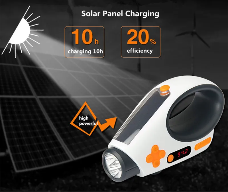 Multifunction Solar Charged Led Flashlight Manual Electricity Generation FMAM Radio Torches USB Charging Portable Camping Light (17)