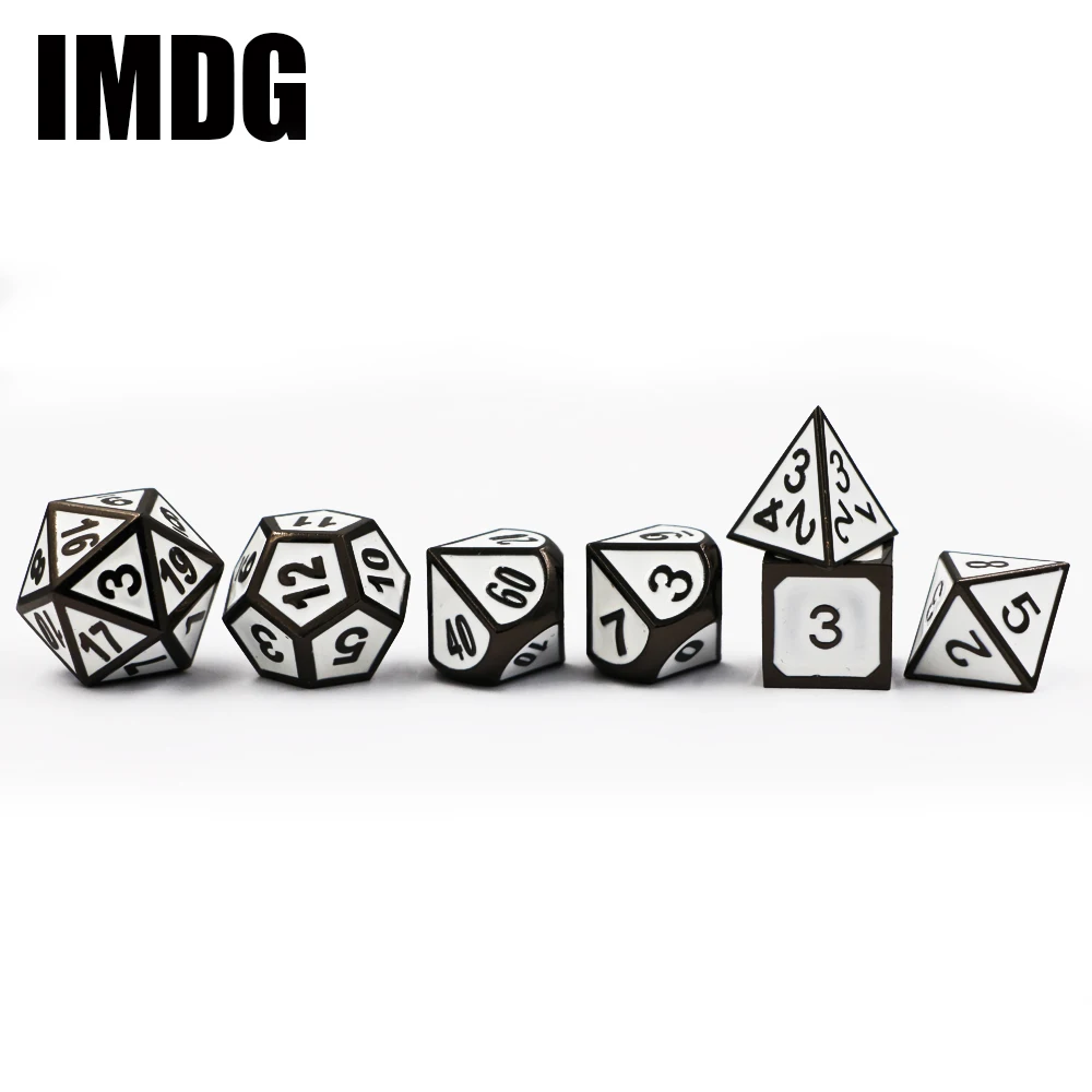 Подземелья и Драконы 7 шт./набор, креативная игра в ролевые игры, кости D& D, металлические кости DND, эмаль, черно-белые цифры с сумкой или коробкой