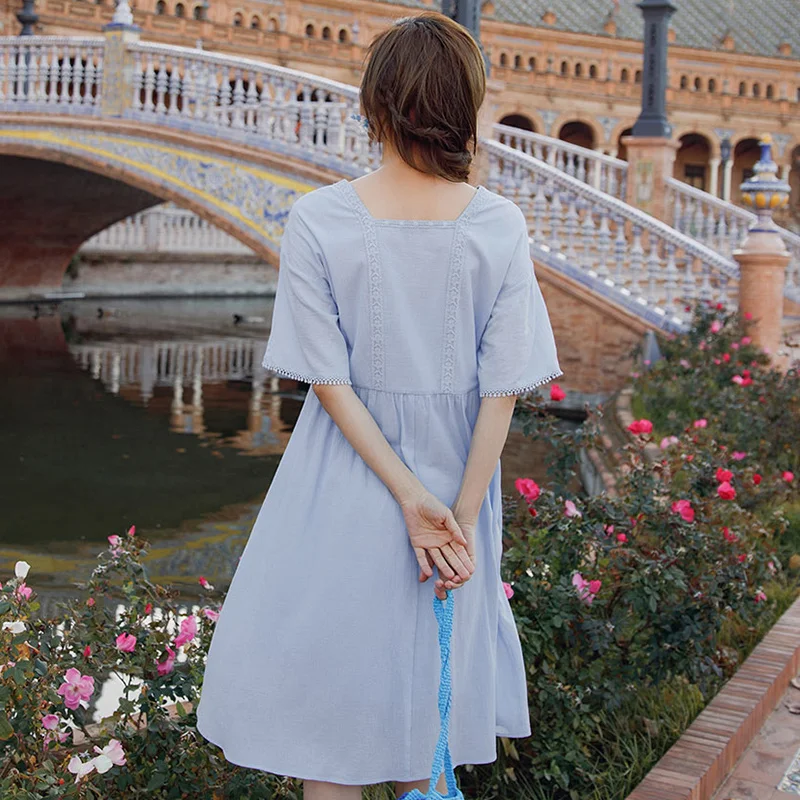 

INMAN Embroidery Sky Blue Knee-Length Dress 2019 Bind Waist Loose Woman Dress Half Sleeve Cotton Dress