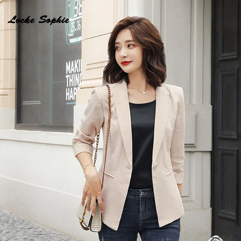 1pcs Women Plus size Blazers coats 2019 Summer cotton blend stripe Slim fit Small Suits jackets ladies Skinny Blazers Suits coat