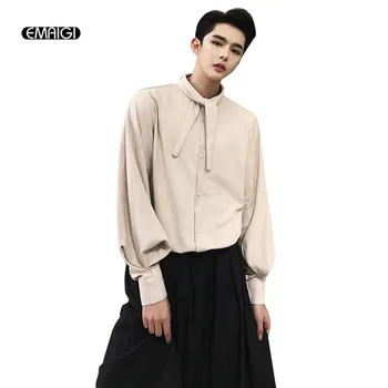 

Men Loose Long Sleeve Suede Casual Shirt Couple Clothes Bow Tie Collar Shirt Male Women Solid Color Dress Shirts