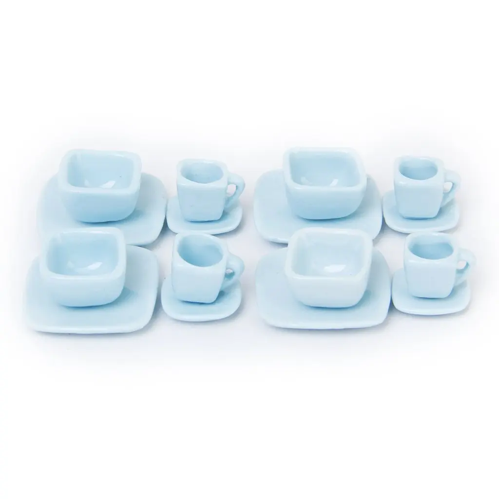 

16 pcs Miniature Dollhouse Square Dinnerware Porcelain Tea Set Tableware Mug Plate Light Blue