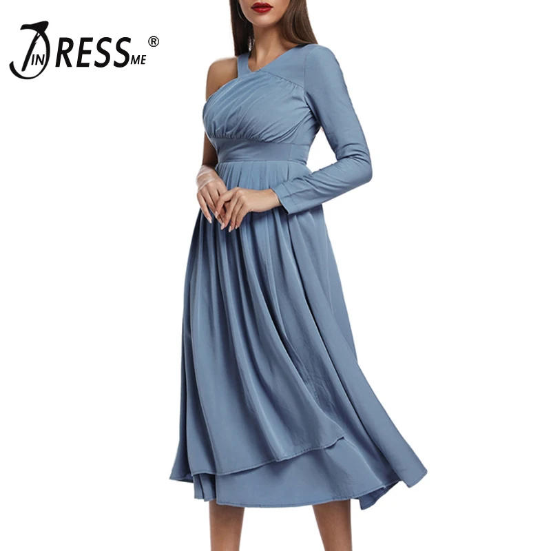 

INDRESSME 2019 New Vestidos Elegant Women Sexy One Shoulder Long Sleeve A-Line Party Summer Midi Length Droped Dress Whoelsale