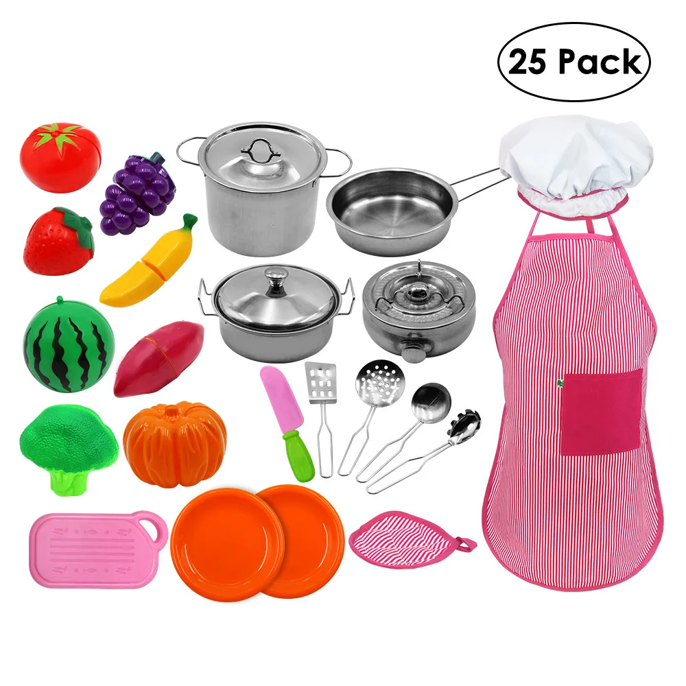 

25 Pcs/set Simulated Kitchen Toy Mini Pretend Play Tools Children Kitchen With Stainless Steel Cooking Pots Pans Food Toys Kit