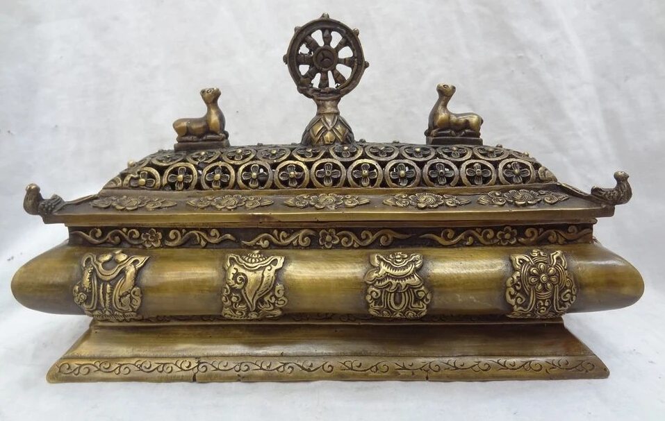 

JP S0608 9"Tibet Bronze 8 Auspicious Symbol Vajra Statue Box Flower Incense Burner Censer