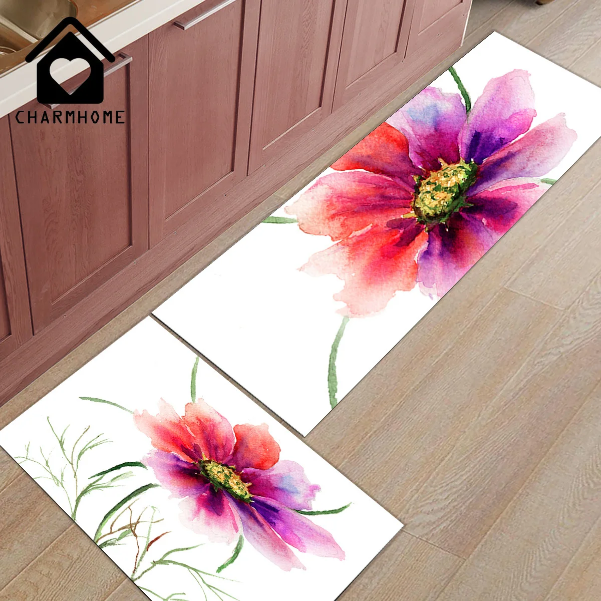 

CHARMHOME 2Pcs/Set Flower Painting Long Kitchen Mat Bath Carpet Floor Mats Home Entrance Doormat Tapete Bedroom Living Room Rug