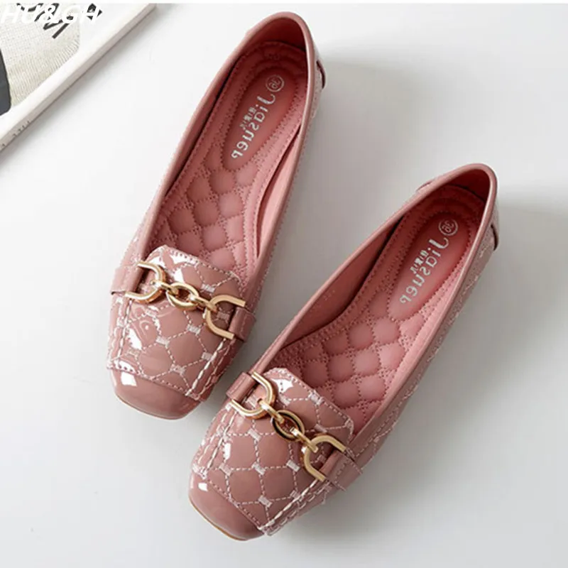

Soft Bottom Single Shoes 2019 New Spring Women's Square Toe Flat Shoes Fashion Chain Grid Shoes Comfortable Casual Shoes 35-41