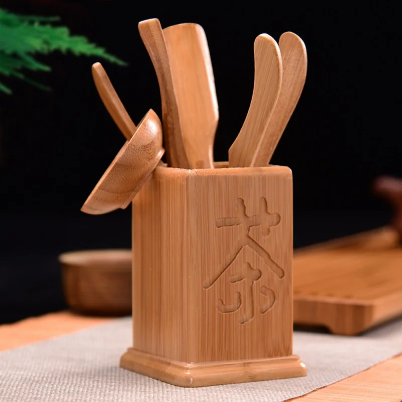 

6pc Teaspoon Clamp Needle Tools with Carved Bucket Set Teaism Tea Set for Home Teahouse Japan Chinese Tea Ceremony Accessory