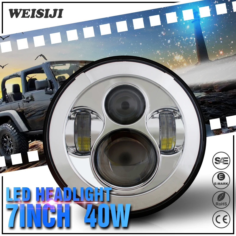 WEISIJI 1Pair/2Pcs 40W Gold/Silver 7'' LED Headlight with High/Low Beam for Jeep Hummer SUV ATV Motorcycle LED Driving Headlight