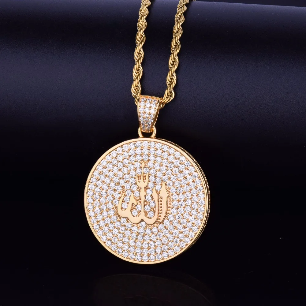 Iced Allah круглый кулон цепочки и ожерелья цепь цвета: золотистый, серебристый цвет кубический циркон для мужчин хип хоп ювелирные изделия с 4 мм теннис