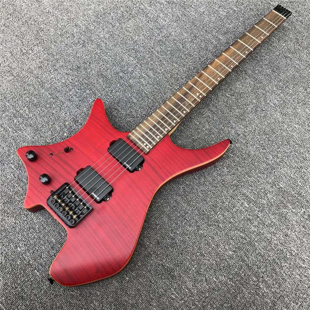 Red Flame maple Left handed Headless Electric Guitar,Black Hardware,No