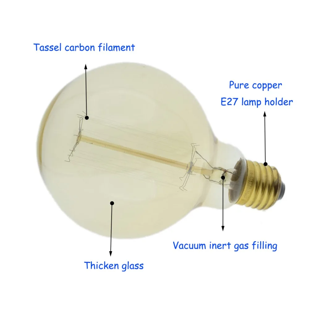 Ручной работы Edison лампа углеродная нить из прозрачного стекла, винтажная лампа Эдисона в стиле ретро лампа накаливания 40 Вт/60 Вт 220 V E27 G95