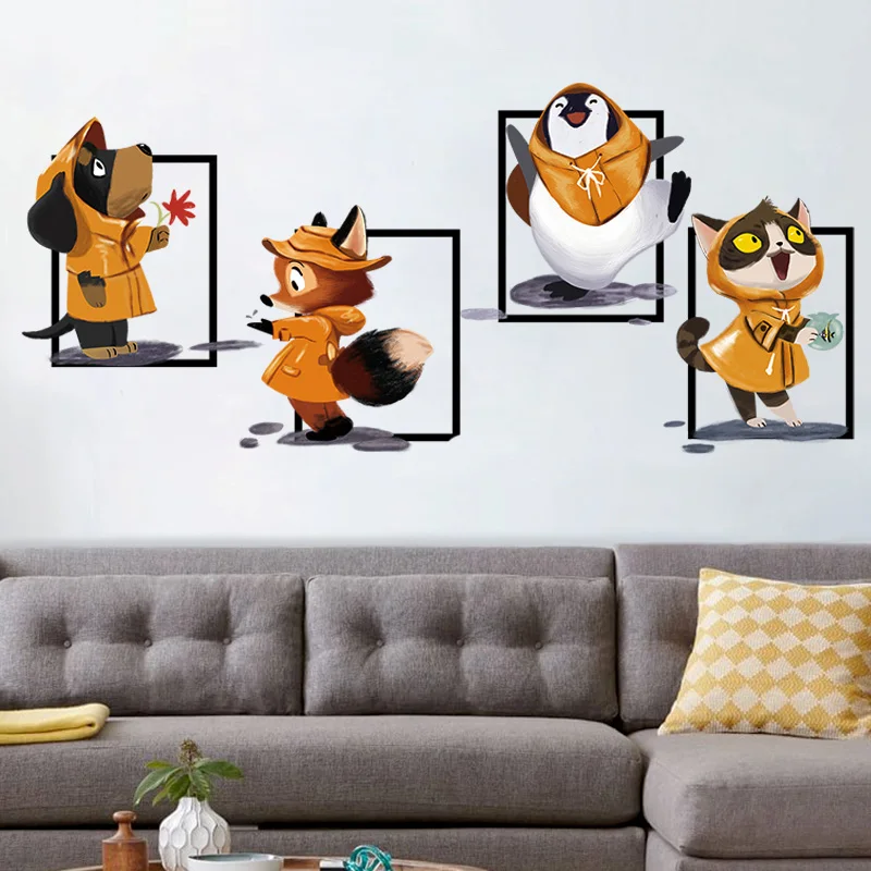 Cartoon animals It's raining Wall sticker Dogs Cats Fox Penguins Art decals kids rooms Bedroom living room stickers home decor
