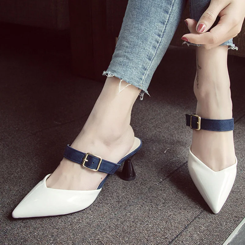 

Woman Slippers High Heels Slip on Pointed Toe Outside Slipper Women Sandals Buckle Pumps Slide Summer Shoes zapatos mujer 6273