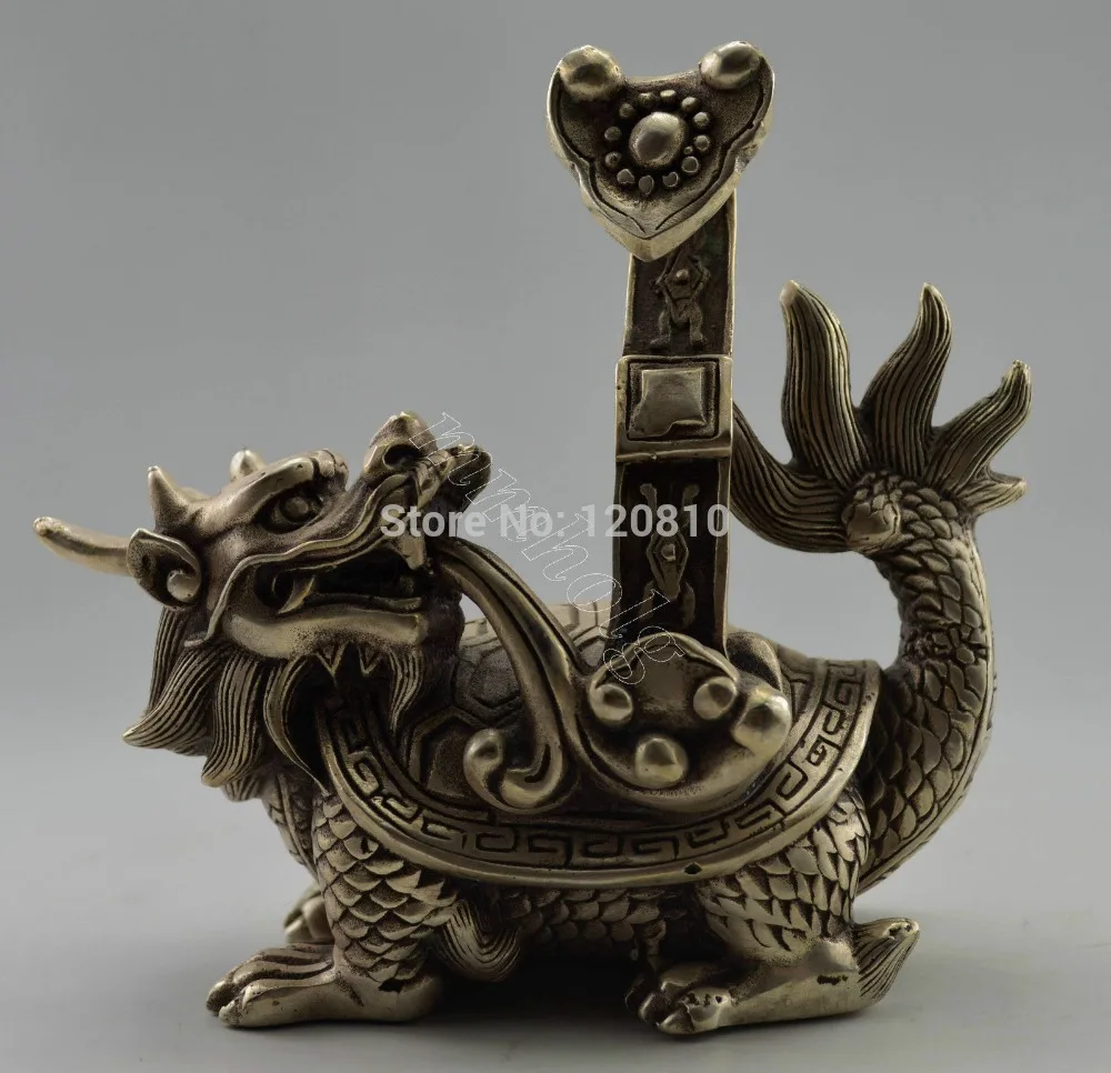 

Collectible Decorated Old Tibet Silver Carved Tortoise Dragon Carry Ruyi Statue