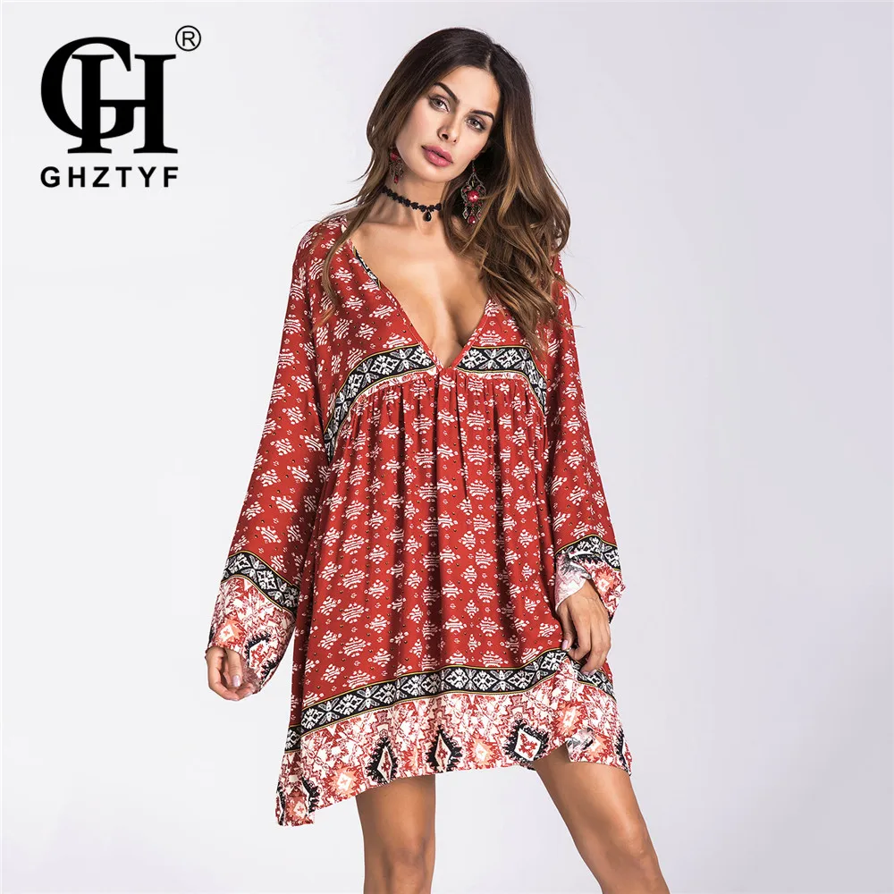 

GHZTYF 2019 Women Summer Fall Dress Femme Bohemian Beach Loose Print Long Sleeve Dresses V-neck Robe Longue