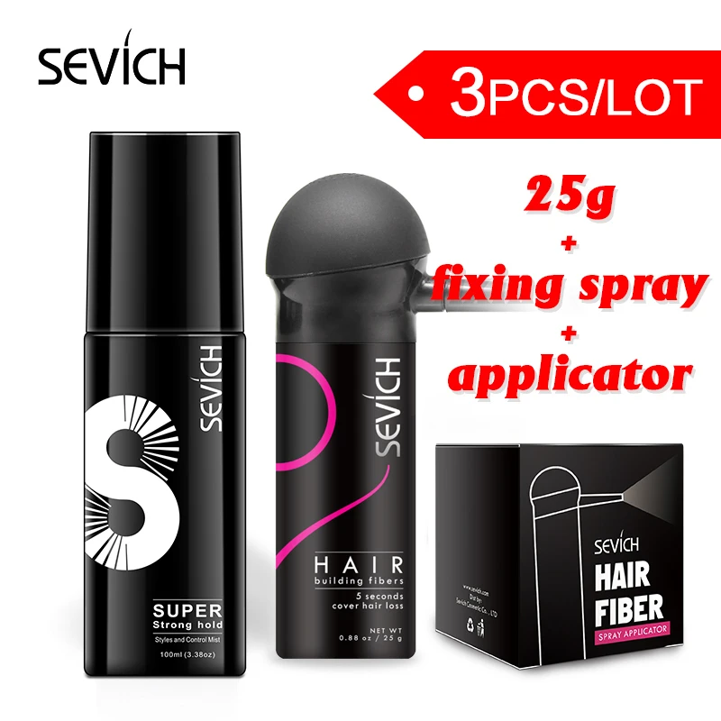 Sevich 25g Hair Fiber +fixing hair spray + nozzle applicator pump keratin hair building fibers powder hair loss products thicken