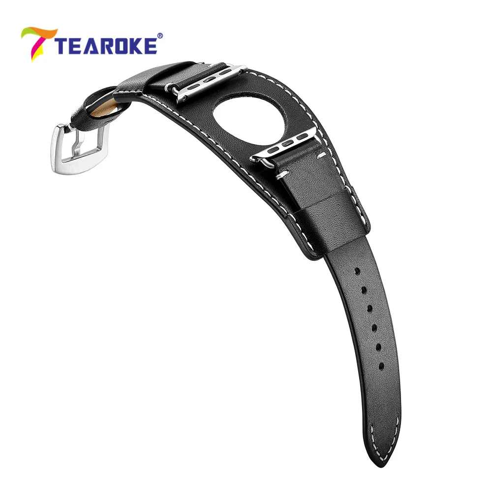 Ремешок для часов TEAROKE из натуральной кожи Apple Watch 4 5 38 42 40 44 мм черный сменный
