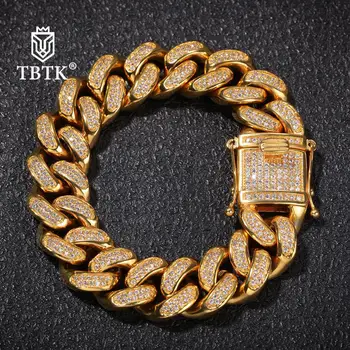 

TBTK 20mm Crystal Bracelets Men Stainless Steel Gold Chains Charms Jewelry Iced Out CZ Stones