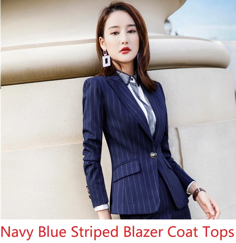 Navy Blue Striped Модные полосатые блейзеры с длинным рукавом и куртки, пальто, Униформа, стили, Женская деловая рабочая одежда, топы, верхняя одежда - Цвет: Navy Blue Striped