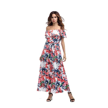 

Sexy Off Shoulder Floral Print Long Maxi Dress Summer 2019 Ruffles Bohemian Sundress Women Casual Beach Party Dresses Belt