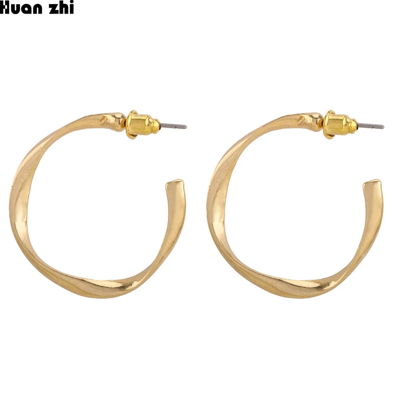 

HUANZHI 2019 Simple Design Metal Gold Geometric C Shape Twisted Circle Irregular Round Small Hoop Earrings for Women Girl 3 cm