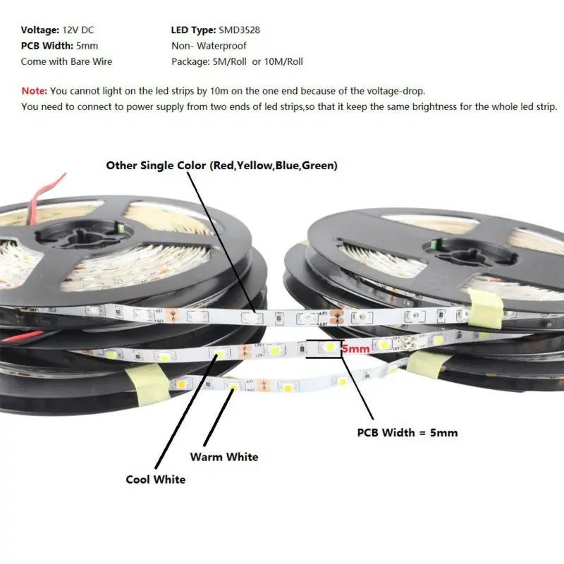 5 мм Светодиодные ленты 3528 12 В 5 м 300 SMD Гибкие светодиодные Клейкие ленты полосы света-Водонепроницаемый теплый холодный белая лента свет