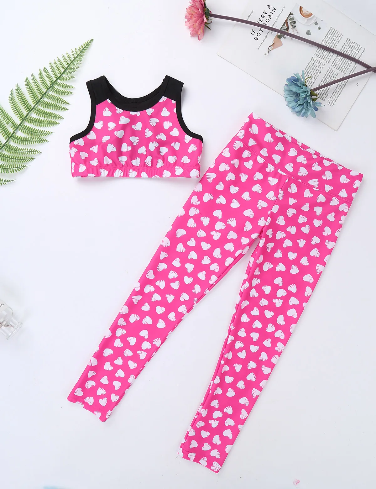 Kids Girls Gymnastics Leotards Dance Tanks Crop Top with Leggings Sweetheart Printed Color Block Sleeveless Racer Back Dancewear